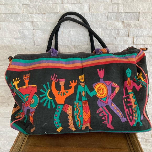🧡💚💙💜bright cotton canvas duffel /w zip inner pocket Happy dancers/ musicians - Picture 1 of 16